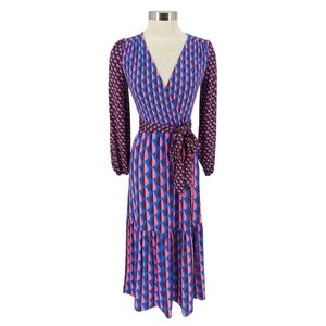 Boden Ophelia Faux Wrap Maxi Dress Blue Raindrop Print Long Sleeve Tie Belt US 4